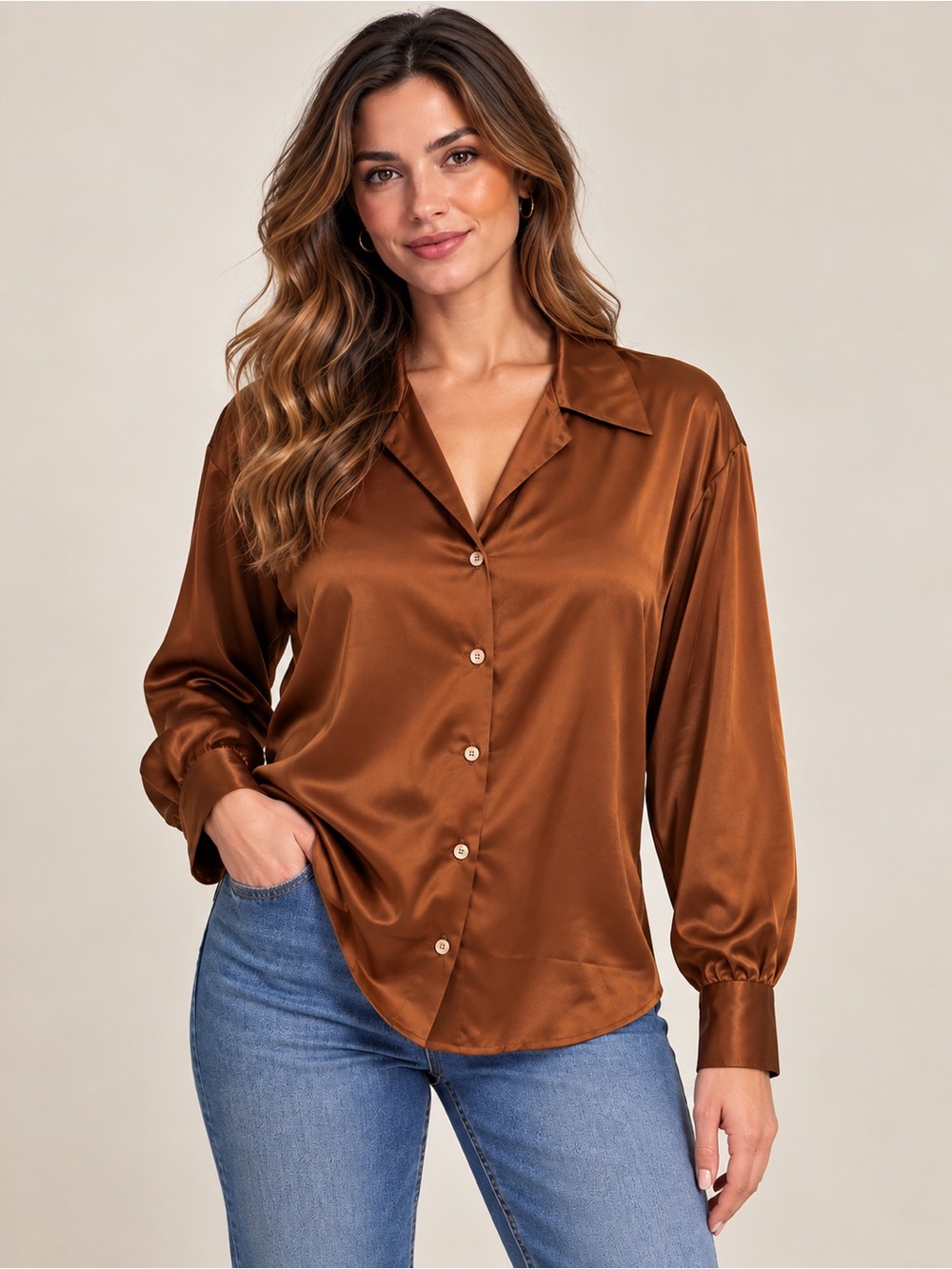 Linda Allard Ellen Tracy Silk Blouse 14 Copper Brown Button Down Quiet Luxury